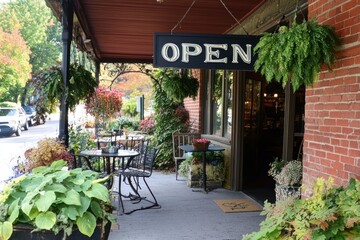 Charming Outdoor Café with Open Sign Surrounded by Greenery and Fall Colors, Inviting Atmosphere Perfect for Relaxation and Enjoyment of Food and Drink