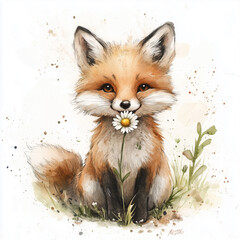 Obraz premium Adorable Watercolor Fox Holding Daisy in a Whimsical Natural Setting