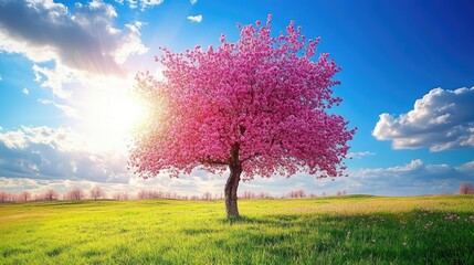 A panoramic view of a vibrant green field under a bright blue sky,