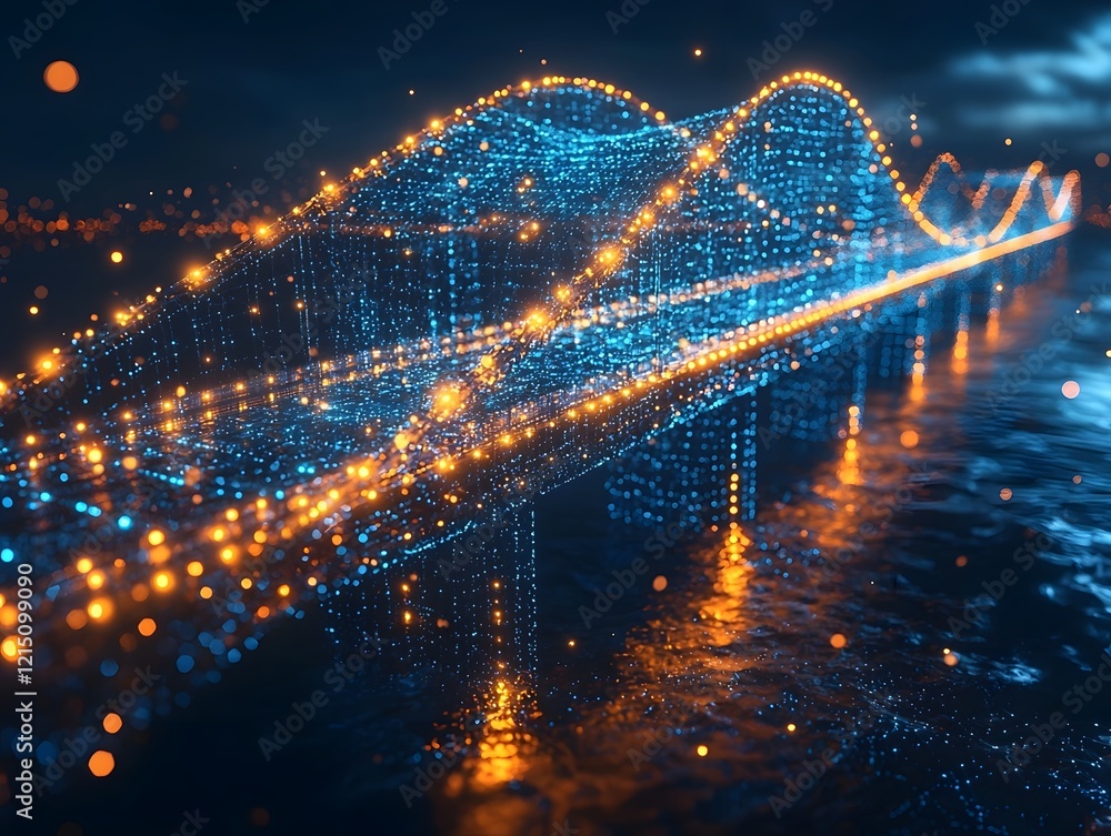 Poster glowing ai driven marketing bridge connecting brands to audience with dynamic holographic data