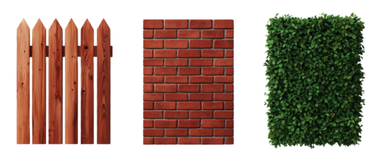 Wooden fence, brick wall, and green hedge create natural barrier
