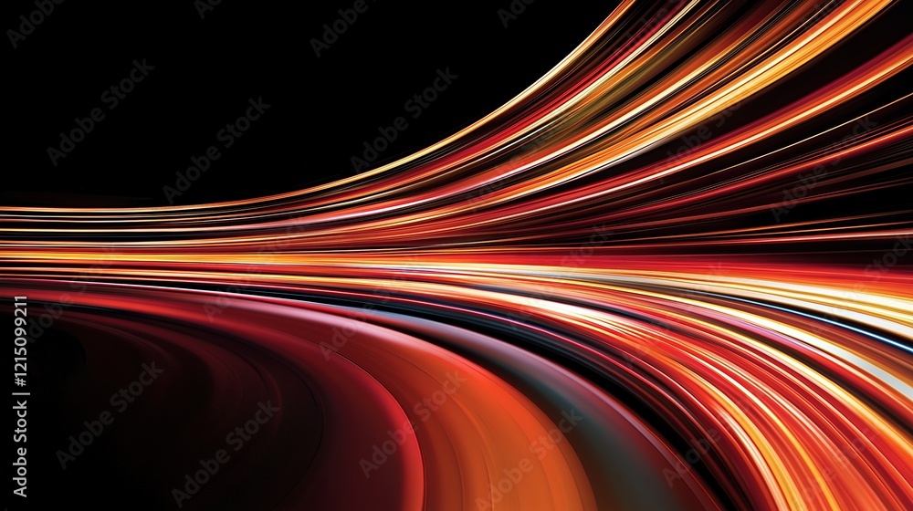 Poster dynamic abstract light trails on a black background, showcasing vibrant reds and oranges in a fluid 