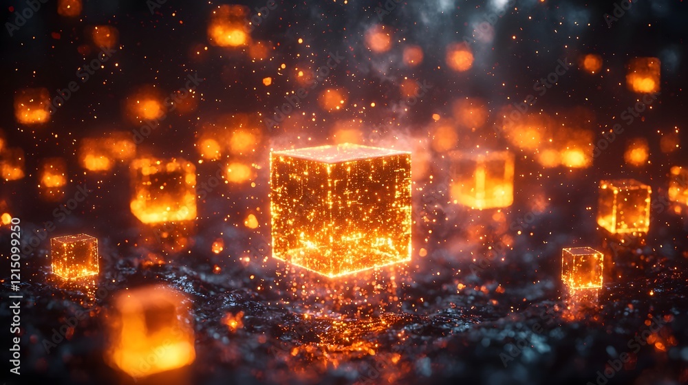 Poster surreal ai driven marketing visualization with glowing personalized content cubes merging into seaml