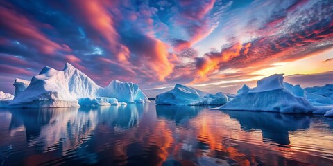 Fototapeta premium Majestic Icebergs at Sunset: Calm Waters, Pink Sky, Fluffy Clouds