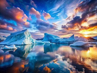 Naklejka premium Majestic Icy Landscape: Dramatic Sky, Floating Icebergs, Serene Arctic Scene