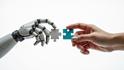 A robotic hand and a human hand are engaged in a moment of collaboration, exchanging a puzzle piece. This interaction symbolizes the merge of technology and human creativity.
