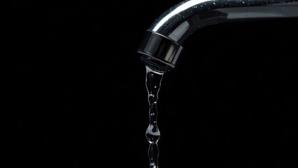 Water drips from a chrome faucet against a solid black background. Concept of running water.