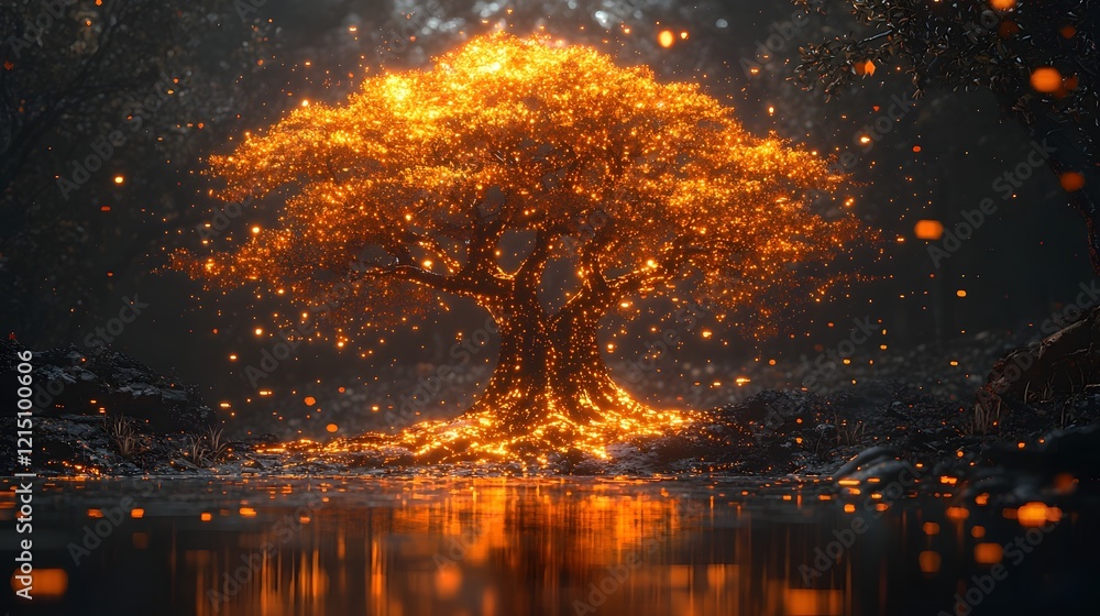 Poster surreal ai driven marketing concept with glowing digital tree and algorithms