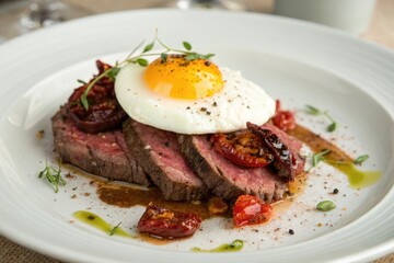 Close-up of cappei egg on top of the beef fillet, perfectly sliced and garnished with dried tomatoes, cappei egg, boiled egg, presentation, soft whites, yolk