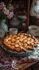 Naklejka premium There is a pie sitting on a table with a flowered table cloth, food background, vertical background