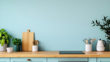 Cozy kitchen interior with pastel blue cabinets, wooden countertops, and subtle decorative accents
