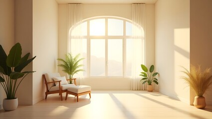A spacious room filled with morning sunlight, with soft sunlight streaming in through the windows, illuminating the space with hope and new beginnings. The atmosphere is peaceful and relaxing.