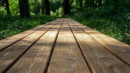 Fototapeta premium Wooden Pathway Through Lush Green Forest Landscape in Natural Light