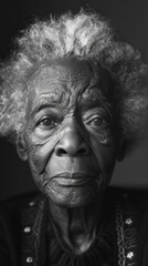 An old woman with a very large haircut looks at the camera, portrait, vertical background