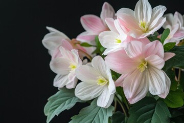 Fototapeta premium Delicate Pink and White Blooms with Lush Green Foliage on a Dark Background, Capturing the Beauty of Nature's Unique Flowering Plants in a Studio Setting