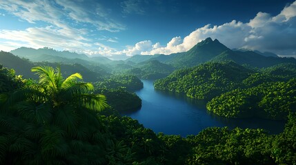 Lush Tropical Landscape with River and Mountains Under a Blue Sky