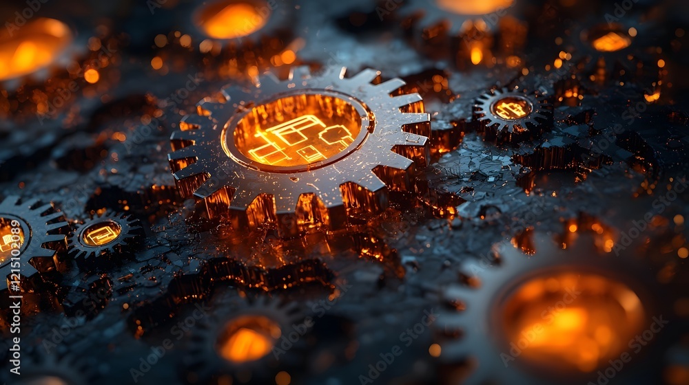 Poster surreal ai driven marketing concept with interlocking glowing gears symbolizing data creativity and 