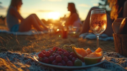 A picnic scene at sunset featuring a checkered blanket laid on grass,