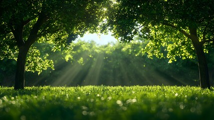 Fototapeta premium Serene Landscape with Sunlight Filtering Through Green Trees