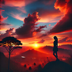 Obraz premium Silhouette of a girl against glowing sunset sky, vibrant colors enhancing dramatic landscape