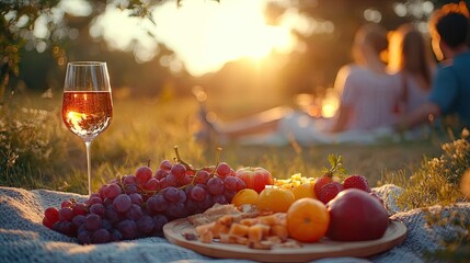 A picnic scene at sunset featuring a checkered blanket laid on grass,