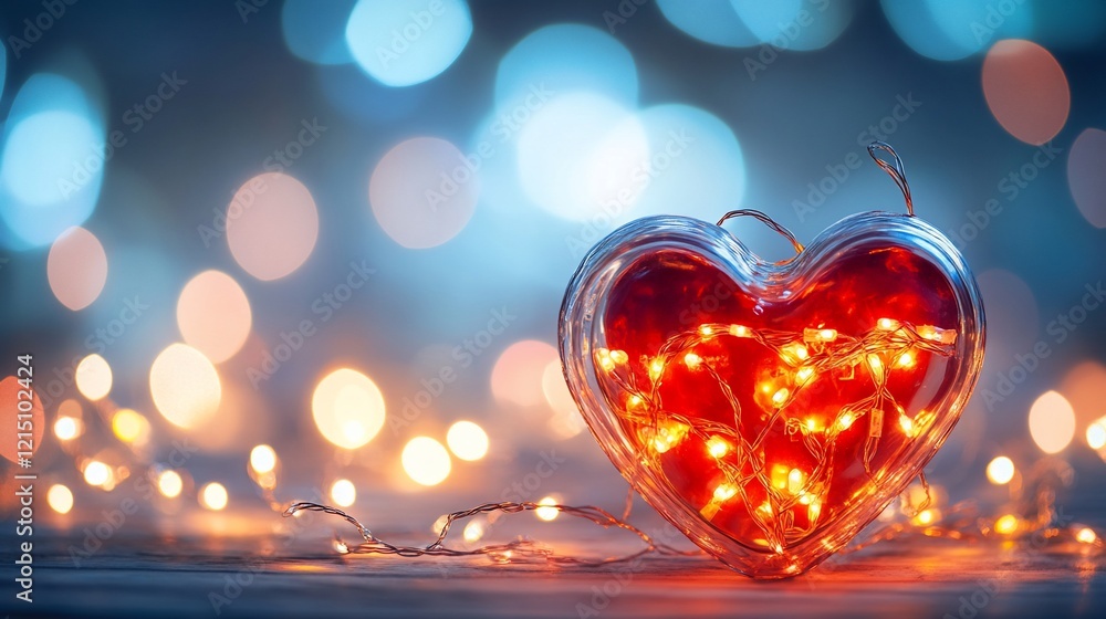 Poster a clear heart shape container with string lights on a wooden surface with bokeh