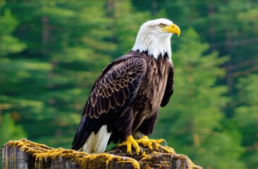 bald eagle on the background of a green forest, Copy space
