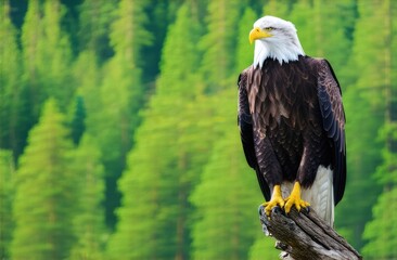 Obraz premium bald eagle on the background of a green forest, Copy space