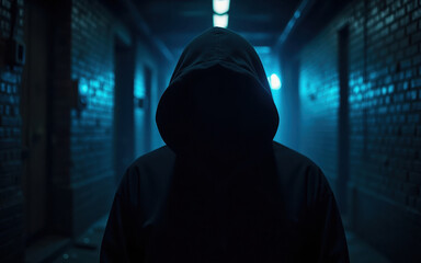faceless figure in a black hood in a brick corridor with Light Blue lighting
