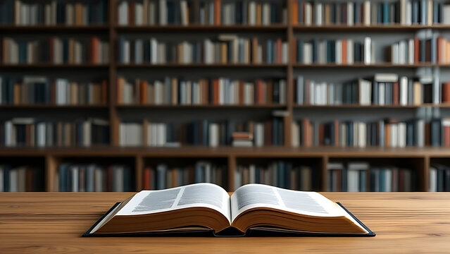 Buch offen aufgeschlagen ge&ouml;ffnet auf einem Holztisch vor einer Reihe B&uuml;cherregale mit alten B&uuml;chern, wie eine Bibliothek, Archiv studieren Literatur Pult Bildung Universit&auml;t alt Fachhochschule lernen