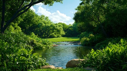 Obraz premium Tranquil Natural Landscape with Lush Greenery and Calm Water