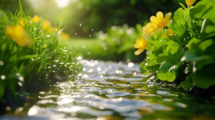 Obraz premium Serene Water Flowing Through Vibrant Flowering Greenery Landscape
