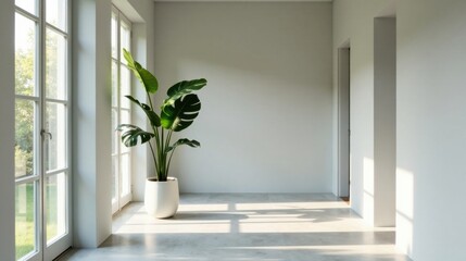 Sunlit Room with a Tropical Plant in a Modern Minimalist Pot