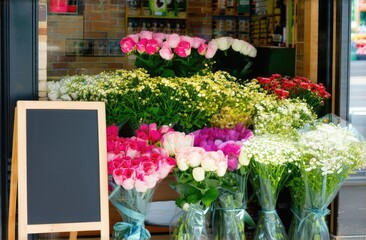 black chalkboard near a flower shop , discount, promotions, flower delivery for a holiday, birthday, Valentine's day. mockup