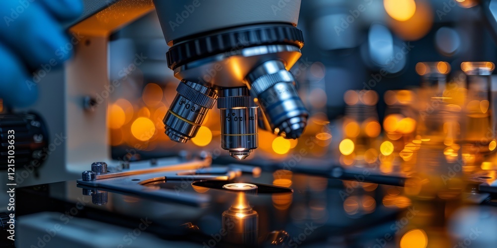 Poster close-up of a microscope in a laboratory setting with glowing orange lights, symbolizing scientific 