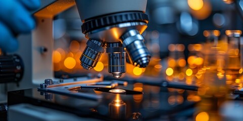 Close-up of a microscope in a laboratory setting with glowing orange lights, symbolizing scientific research