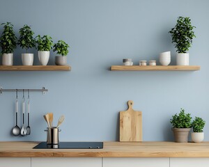 Elegant modern kitchen interior in pastel blue, featuring wooden countertops and contemporary details