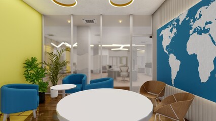 Office breakout space or casual co working space 3d rendering