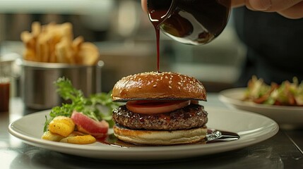 A chef's hand pours a rich sauce over a beautifully plated dish featuring a seared steak garnished with a dollop of creamy sauce and fresh herbs.