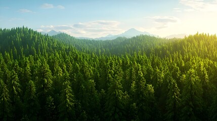 Lush Green Forest Landscape with Mountains and Bright Blue Sky