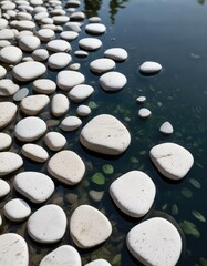 Close-up of smooth white stones lying on the bottom of a clear pond, water, reflection, calm, marine