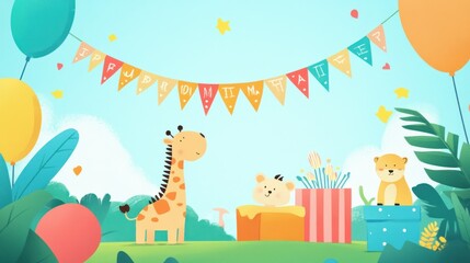 A playful birthday backdrop featuring bright banners, cartoon animals, and fun party elements for a kids' event.