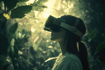 Woman in VR headset explores a lush virtual jungle, surrounded by butterflies.