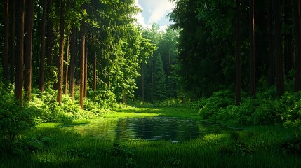 Obraz premium Tranquil Forest Scene with Lush Greenery and Serene Water Reflection