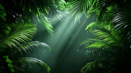 Lush Green Jungle with Sun Rays Filtering Through Dense Foliage