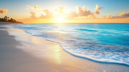 Tropical Beach with Soft Waves and Pastel Sunset Sky &ndash; Relaxing Coastal Landscape