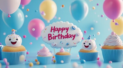 A playful birthday background featuring smiling cupcakes, cheerful balloons, and a big "Happy Birthday" greeting.