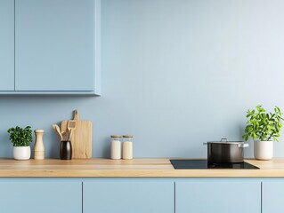 Modern pastel blue kitchen with polished wooden countertops and soft minimalist styling