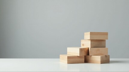 Unstacked light-colored wooden blocks arranged in an ascending formation on a minimalist white surface against a neutral backdrop