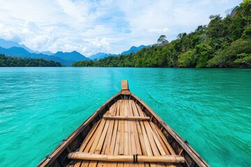 Serene Boat Journey Through Crystal Clear Turquoise Water Landscape